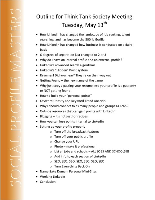 Outline for next meeting